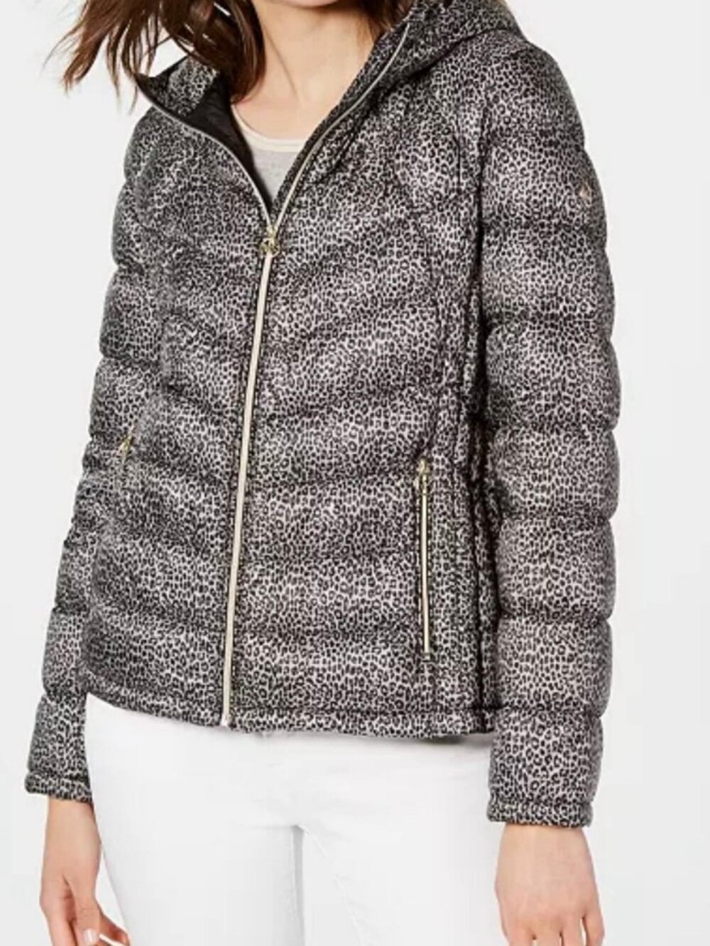 Michael Kors Leopard Print Puffer Down Hooded Jacket M
